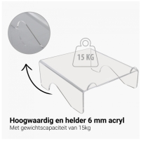 <p>Laptopstandaard van hoogwaardig, helder en stijlvol 6 mm acryl. <br />Zet uw laptop op een ergonomische correcte hoogte voor optimaal comfort, en maakt het voor u mogelijk om met een extern toetsenbord en muis prettig en goed op de laptop te werken. <br />Het platform staat onder een hoek van 5° voor een optimaal zicht op het scherm. <br />Apple® Magic toetsenbord kan onder de standaard worden gezet.</p>
<p> </p>
<p> </p>
