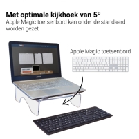<p>Laptopstandaard van hoogwaardig, helder en stijlvol 6 mm acryl. <br />Zet uw laptop op een ergonomische correcte hoogte voor optimaal comfort, en maakt het voor u mogelijk om met een extern toetsenbord en muis prettig en goed op de laptop te werken. <br />Het platform staat onder een hoek van 5° voor een optimaal zicht op het scherm. <br />Apple® Magic toetsenbord kan onder de standaard worden gezet.</p>
<p> </p>
<p> </p>
