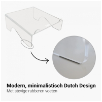 <p>Laptopstandaard van hoogwaardig, helder en stijlvol 6 mm acryl. <br />Zet uw laptop op een ergonomische correcte hoogte voor optimaal comfort, en maakt het voor u mogelijk om met een extern toetsenbord en muis prettig en goed op de laptop te werken. <br />Het platform staat onder een hoek van 5° voor een optimaal zicht op het scherm. <br />Apple® Magic toetsenbord kan onder de standaard worden gezet.</p>
<p> </p>
<p> </p>